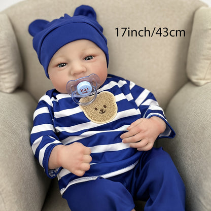 Reborn Baby Doll 17 Inch Realistic Newborn with Hand-Painted Hair, Soft Vinyl & Cloth Body, Magnetic Pacifier - Lifelike Baby Girl Doll with Rooted Eyelashes, Birthday Christmas Gift for Collectors & Girls
