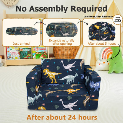Kids 2-in-1 Convertible Sofa Bed Toddler Flip Out Lounge Chair No Assembly Required Machine Washable Cover for Boys Girls Bedroom Playroom Daycare Blue Dinosaur Cars