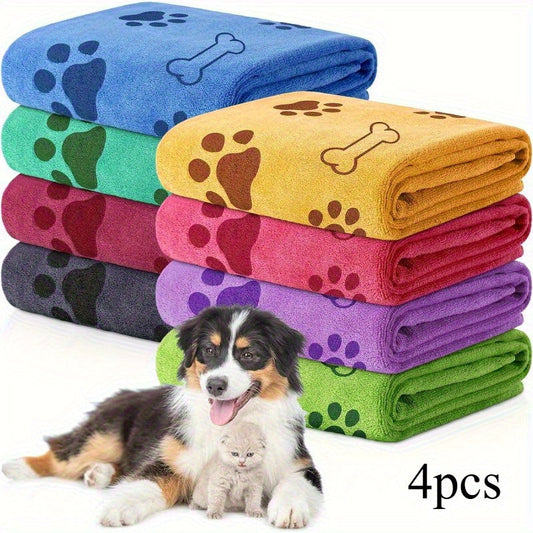 Quick-Dry Pet Towels 4 Pack - Soft Absorbent Polyester Dog Towels with Paw Print Design for Bathing and Drying Dogs and Cats, Assorted Colors for Small and Medium Pets