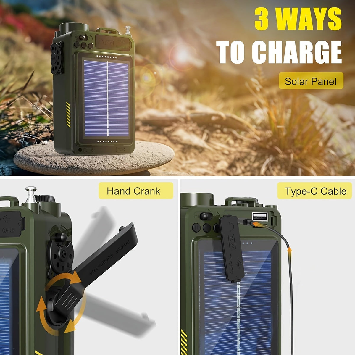 Portable Emergency Radio NOAA Weather Alert Solar & Hand Crank Powered VFD Display SOS Flashlight USB SD MP3 Headphone Jack for Power Outages Camping & Survival – Green