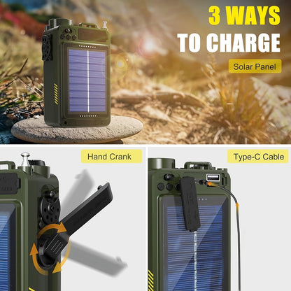 Portable Emergency Radio NOAA Weather Alert Solar & Hand Crank Powered VFD Display SOS Flashlight USB SD MP3 Headphone Jack for Power Outages Camping & Survival – Green