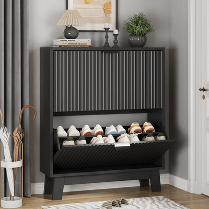 Slim Fluted Shoe Cabinet with 2 Flip Drawers, Adjustable & Removable Shelves, Narrow Entryway Shoe Organizer for Hallway Foyer Living Room Small Spaces, Modern Hidden Shoe Storage