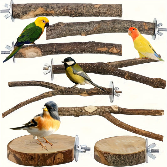 Apple Branch Bird Perch Set 8pcs Natural Wood Parrot Perch Stand Fork Multi-Branch Hanging Platform Hammock Swing Toy for Macaws Conures Parakeets Budgies Finches