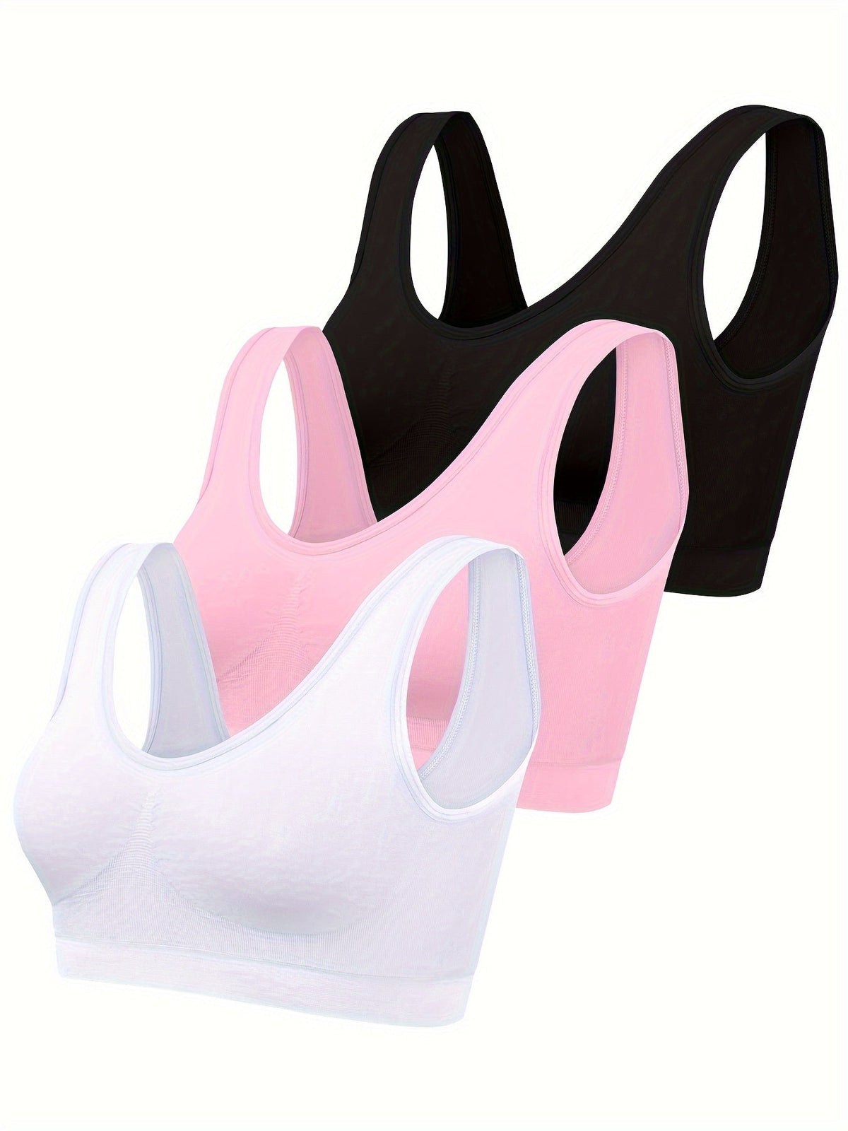3-Pack Women's Seamless Ribbed Nylon Sports Bras - Thin, No Padding, Tank Top Style - Stretchy & Breathable - S–XXL - Black, White, Beige & Multi-Color Packs