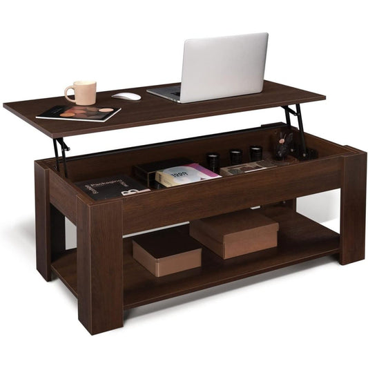 41-Inch Lift Top Coffee Table with Hidden Storage Compartment & Bottom Shelf – Retro Modern Rising Tabletop for Living Room & Home Office, Space-Saving Wood Design, Rustic Brown or Black – Nova Mart
