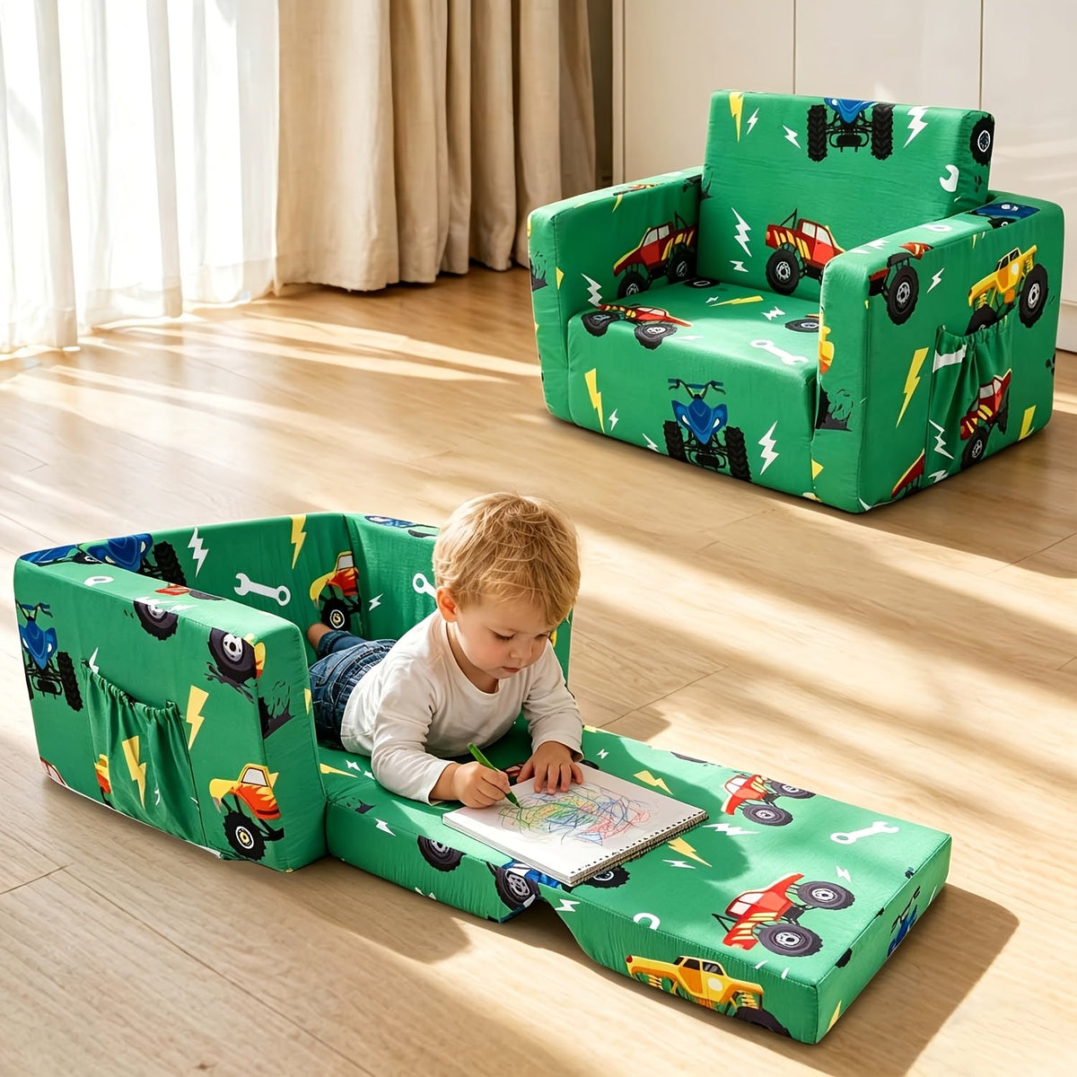 Kids 2-in-1 Convertible Sofa Bed Toddler Flip Out Lounge Chair No Assembly Required Machine Washable Cover for Boys Girls Bedroom Playroom Daycare Blue Dinosaur Cars
