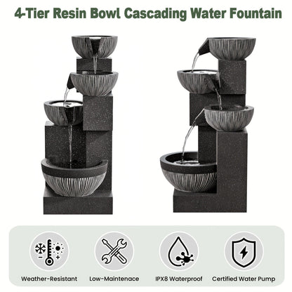 Indoor Water Fountain 4-Tier 18.7" – Cascading Bowl Waterfall with LED Lights & Silent Pump Floor Standing Tabletop Fountain for Home Office Living Room Meditation in Gray