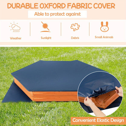 Cedar Wood Hexagonal Kids Outdoor Sandbox with Lid Weatherproof Oxford Cover Three Benches Base Liner 73x64 Inch for Gardens Yards Beaches Fits 4 to 6 Kids Natural