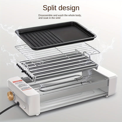 4-in-1 Electric Sausage Grill – Non-Stick Countertop with Adjustable Temperature Detachable Panel Silicone Oil Brush & Three-Tray Dish Easy to Clean for Kitchen & Dormitory Use in White