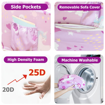 Kids Sofa 2-in-1 Toddler Fold Out Couch Convertible Lounger Soft Foam No Assembly Required for Boys Girls Reading Napping Playing Blue Dinosaur Purple Unicorn Cars