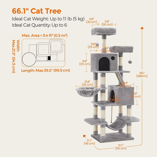 Multi-Level Cat Tree Tower 44-66 Inch with Hammock Sisal Scratching Posts Cozy Cave Perches Anti-Tilt Stable Cat Condo for Multi-Cat Families Kittens & Cats Gift
