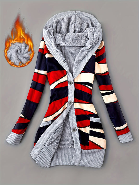 Women's Mid-Length Fleece-Lined Hooded Printed Cardigan Coat - Casual, Warm & Elegant - Autumn & Winter - S–XXL - Grey, Red, Pink Red, Grey Pink & Light Green