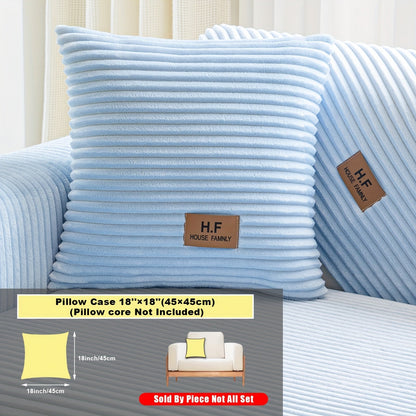 Short Plush Striped Sofa Cover & Cushion - All-Season, Pet-Friendly & Non-Slip - Armchair, Loveseat, 3/4/5-Seater, Backrest, Armrest & Pillowcase - White, Dark Gray, Light Gray, Coffee & Blue