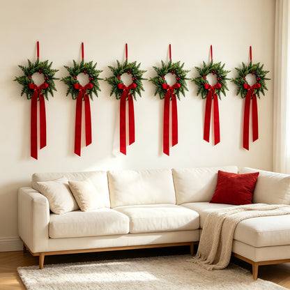 4-Pack Artificial Cedar Christmas Wreath - Green with Red Berries & Ribbon Bow - Front Door, Window, Wall, Cabinet & Wedding - Indoor Holiday Decoration