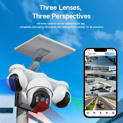 Solar-Powered Outdoor Security Camera, Triple Lens 8MP UHD, 360° Rotation, Color Night Vision, Motion Detection, Two-Way Audio, Wi-Fi / 4G LTE, Cloud & Local Storage, Detachable Solar Panel (SD Card Not Included)