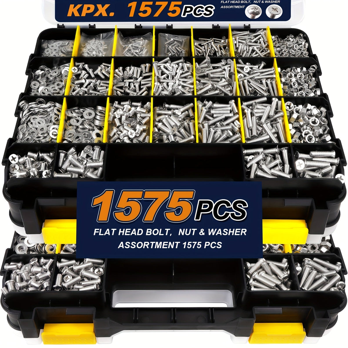 1575-Piece Nut & Bolt Assortment Set - Phillips & Flat Head Screws, Nuts, Bolts & Washers with Double-Sided Storage Case - 10 Colors