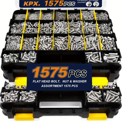 1575-Piece Nut & Bolt Assortment Set - Phillips & Flat Head Screws, Nuts, Bolts & Washers with Double-Sided Storage Case - 10 Colors