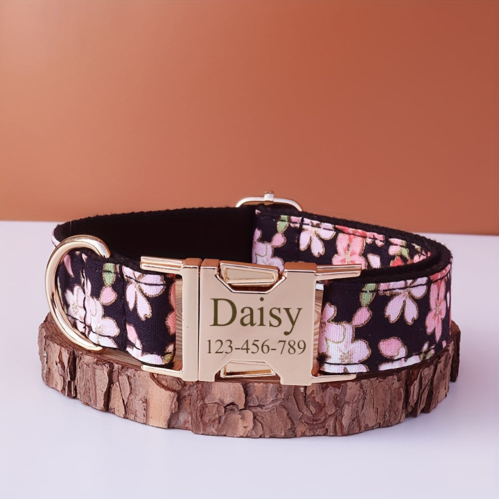 Personalized Dog Collar with ID Tag - Customizable Anti-Lost Pet Collar in 21 Styles, Adjustable XS to XL for Small Medium Large Dogs, Plaid Floral Dot Patterns, Engraved Contact Information
