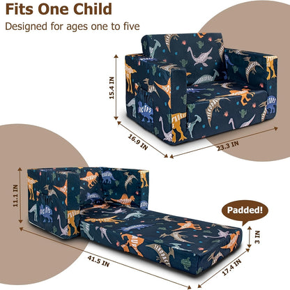 Kids 2-in-1 Convertible Sofa Bed Toddler Flip Out Lounge Chair No Assembly Required Machine Washable Cover for Boys Girls Bedroom Playroom Daycare Blue Dinosaur Cars