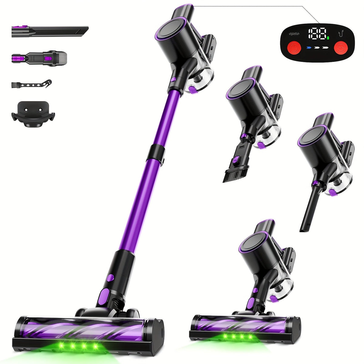 Wired & Wireless Cordless Stick Vacuum Cleaner - 55–70 KPa, 3-Speed, 45-Min Battery, Detachable Battery, LED Floor Brush - Pet Hair, Carpet & Hard Floor - Lightweight Handheld