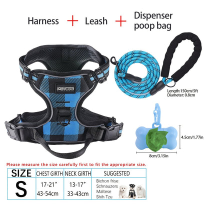 4-Piece Dog Harness and Leash Set No-Pull No-Choke Reflective Oxford Vest Harness with Leash Poop Bag Dispenser Easy Control Handle for Medium Large Dogs Outdoor Training Walking