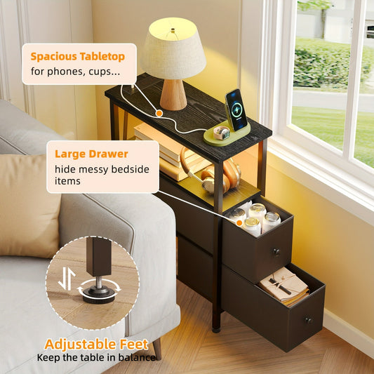 TOMNK Narrow End Table with Charging Station 2 Fabric Drawers Slim Nightstand & Skinny Side Table for Bedroom Living Room Small Spaces & Couch – Black or Brown