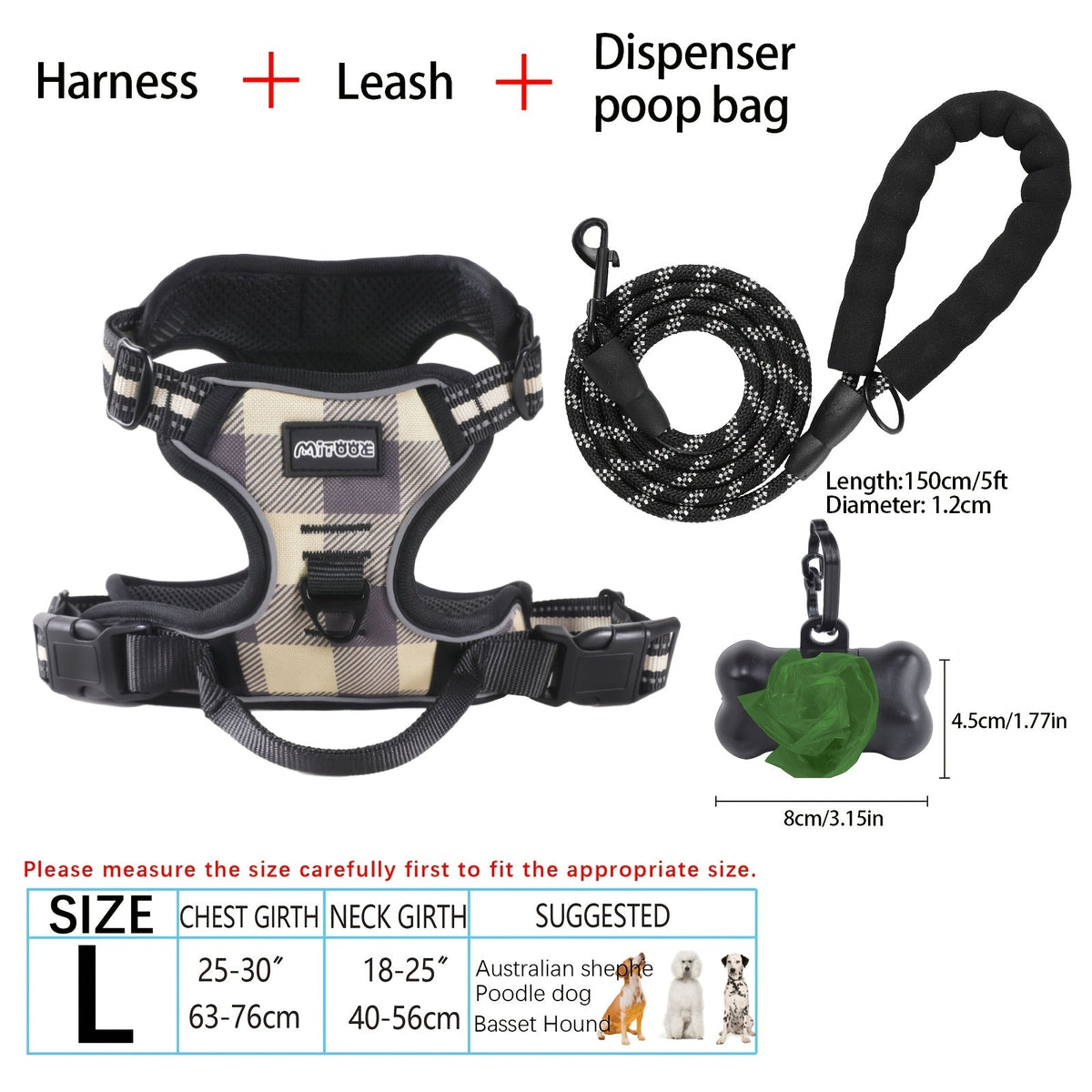 4-Piece Dog Harness and Leash Set No-Pull No-Choke Reflective Oxford Vest Harness with Leash Poop Bag Dispenser Easy Control Handle for Medium Large Dogs Outdoor Training Walking