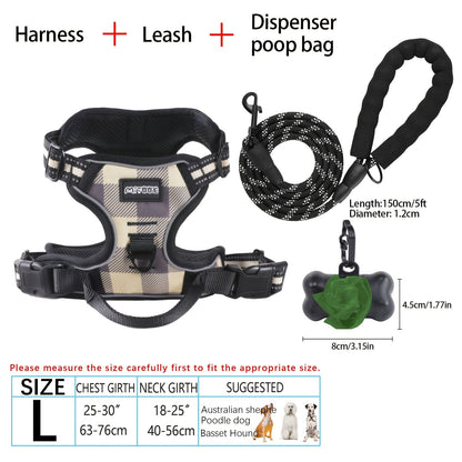 4-Piece Dog Harness and Leash Set No-Pull No-Choke Reflective Oxford Vest Harness with Leash Poop Bag Dispenser Easy Control Handle for Medium Large Dogs Outdoor Training Walking