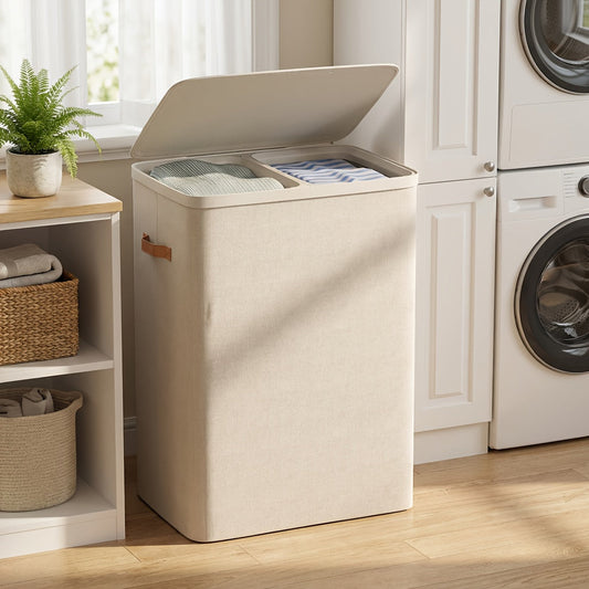 44.9 Gal Large Capacity Laundry Hamper with Lid & Handles Dual Removable Compartment Bags Fiberglass Rod Frame Easy Assembly – Dove Gray Ink Black Beige