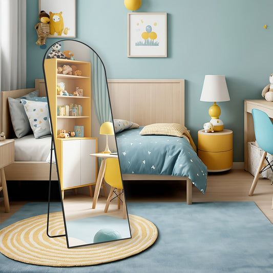 59" x 16" Arched Full-Length Mirror - Thin Frame, Vertical or Tilted - Bedroom, Nursery & Living Room - Black & Gold