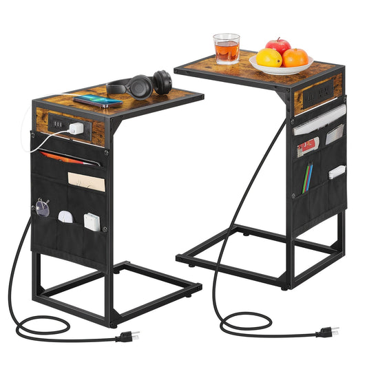 C-Shaped End Table - Slides Under Sofa, 50LBS Capacity, Desktop Storage - Optional Charging Station & Storage Bag - 1pc & 2pc Sets - Sofa Side, Living Room & Bedroom - Brown, Grey, Black, White & Wood