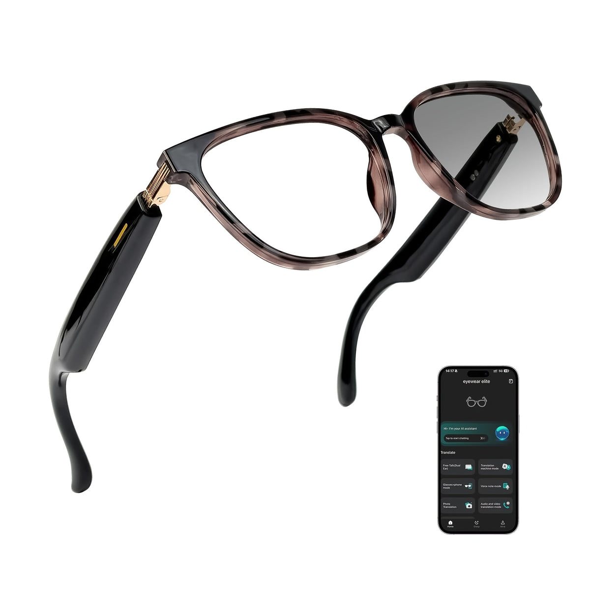 AI Smart Glasses with Real-Time 160-Language Translation, GPT Chat Assistant, Bluetooth 5.2 Audio, Hands-Free Calling, Music Playback, Photochromic & Anti-Blue Light Lenses – Unisex Wearable Tech