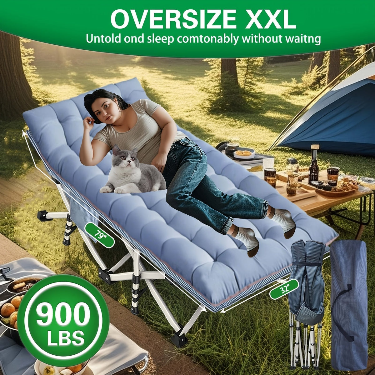 XXL Folding Camping Cot with Mattress Pad 36"x80" Heavy Duty 700-900 Lbs Capacity - Oversize Portable Sleeping Cot with Carry Bag for Camping, Guest Bed, Travel & Outdoor Use