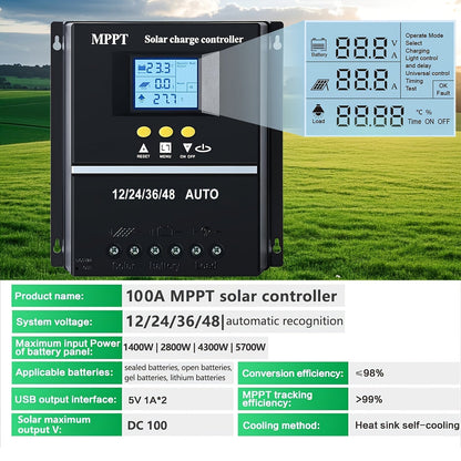 100A MPPT Solar Charge Controller with LCD Display & Auto Tracking - Compatible with Lead-Acid, Lithium & LiFePO4 Batteries, for Off-Grid Solar Systems, RV, Boat & Home