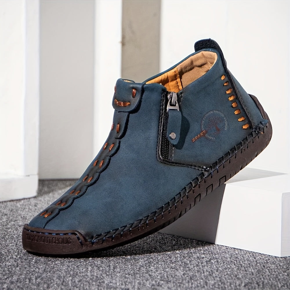 Men's Ankle Boots Hand-Stitched Casual Loafers Slip-On Outdoor Work Shoes for Men – 4 Colors, Sizes US 7.5-12.5, Durable Non-Slip Sole
