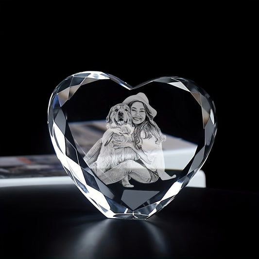 Custom Laser-Engraved Heart-Shaped Glass Photo Portrait – Personalized Pet Memorial & People Keepsake, Birthday Graduation Gift, European Style Transparent Crystal Ornament with Your Own Picture