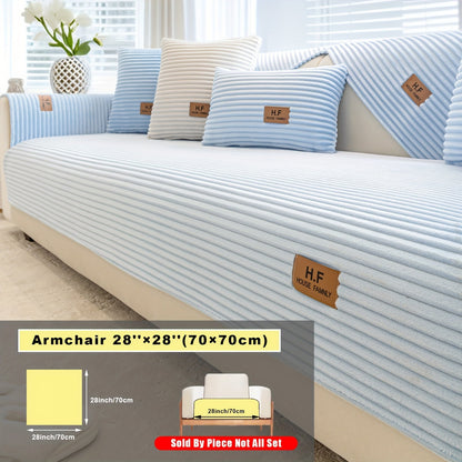Short Plush Striped Sofa Cover & Cushion - All-Season, Pet-Friendly & Non-Slip - Armchair, Loveseat, 3/4/5-Seater, Backrest, Armrest & Pillowcase - White, Dark Gray, Light Gray, Coffee & Blue