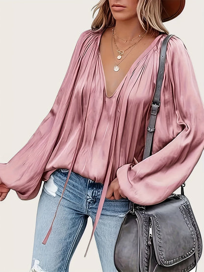 Women's Tie Neck Lantern Sleeve Blouse - Solid Color Ruched Loose Fit Casual Long Sleeve Top for Spring Fall | Comfortable Everyday Wear S-XXL