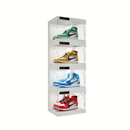 LED Shoe Storage Box Transparent Stackable with Auto-Open Lid, Intelligent Control Clear Plastic Sneaker Display Case for Sports Shoe Collection & Wardrobe Closet Organization, White 1 or 4 Pack