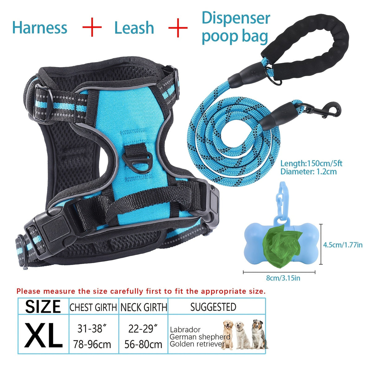 4-Piece Dog Harness and Leash Set No-Pull No-Choke Reflective Oxford Vest Harness with Leash Poop Bag Dispenser Easy Control Handle for Medium Large Dogs Outdoor Training Walking