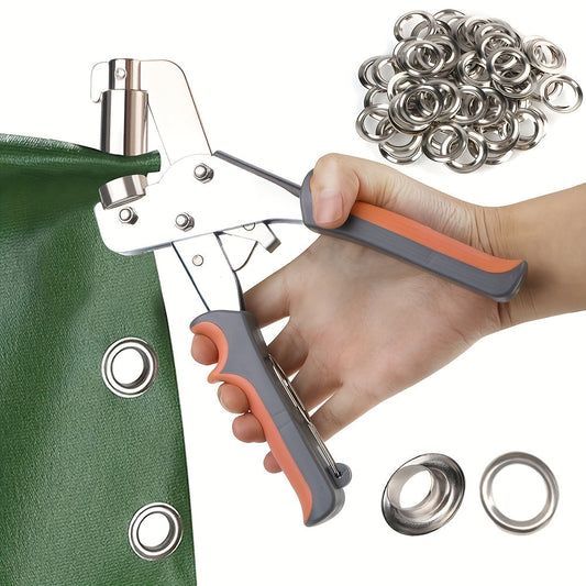 Grommet Eyelet Punch Kit - 3/8in (10mm) Punch Pliers + 100 Sets (200pcs) Eyelets - Leather, Canvas, Tarpaulin & Waterproof Fabric - DIY Sewing & Crafting