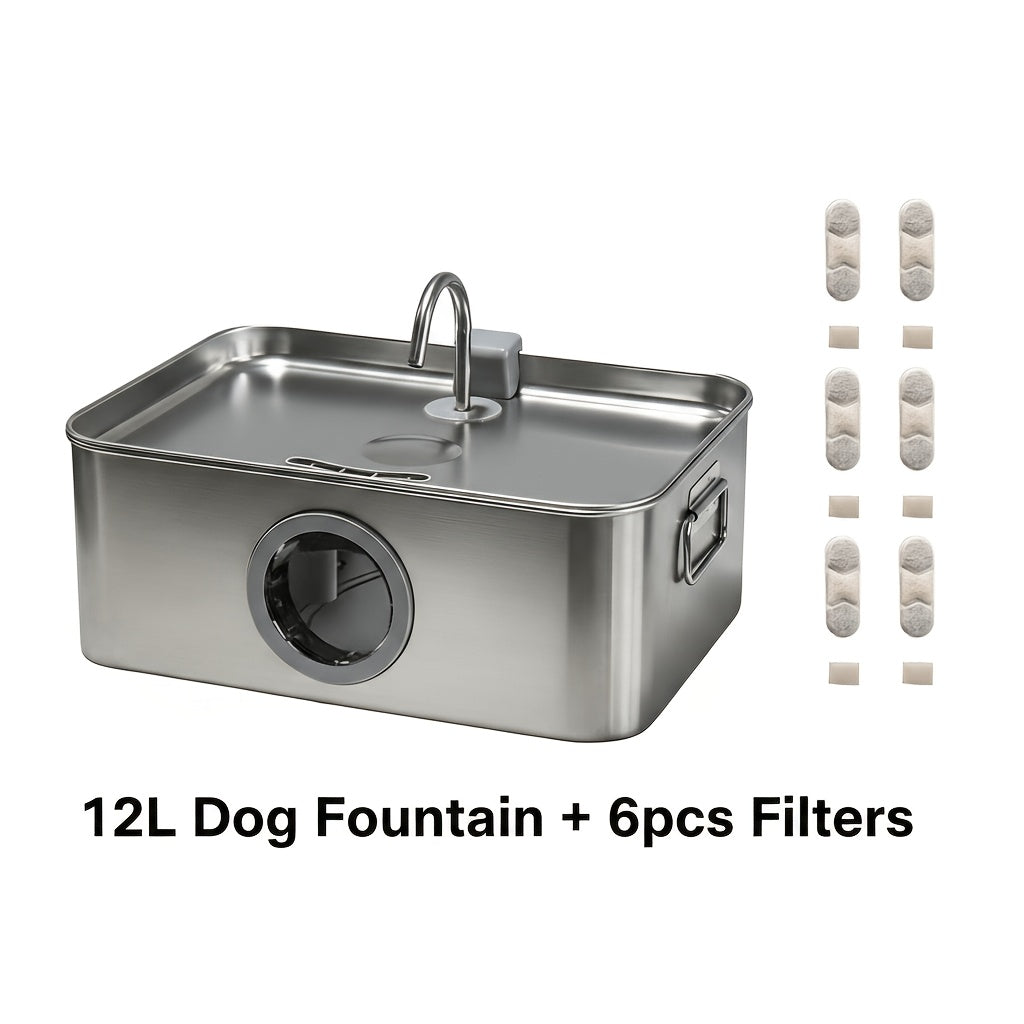 IDEAZOOS Large Dog Water Fountain 12L / 3.17 Gal - 304 Stainless Steel, Ultra Quiet, Water Level Window, Dry Burn Protection, Red/Blue Indicator - Easy to Clean, No Battery - Multi-Pet