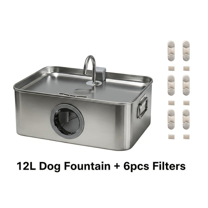 IDEAZOOS Large Dog Water Fountain 12L / 3.17 Gal - 304 Stainless Steel, Ultra Quiet, Water Level Window, Dry Burn Protection, Red/Blue Indicator - Easy to Clean, No Battery - Multi-Pet