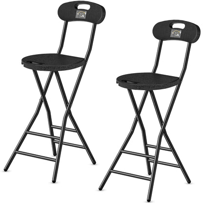 Folding Bar Stool 2-Pack - 24", 350 lbs Capacity, Alloy Steel, Backrest, 2-Height Footrest, Hinge Lock & Handle - Kitchen, Bar, Camping & Outdoor - Black
