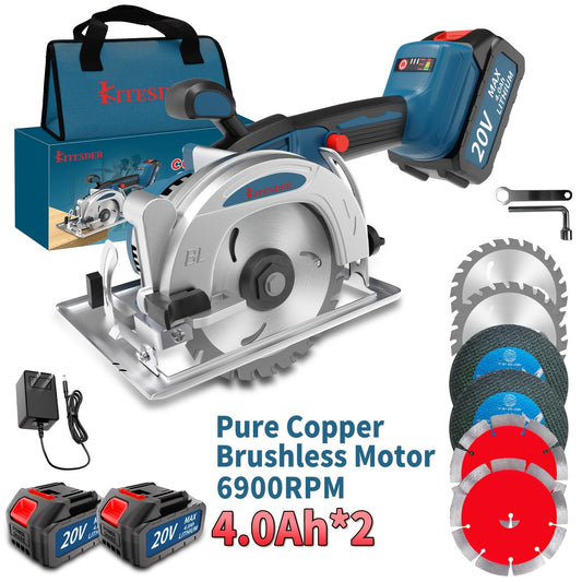 Brushless Circular Saw Kit 20V Battery Included, Multiple Blades, Adjustable Cutting Depth & Bevel Angle, Cordless Power Saw for Woodworking DIY Projects, Lightweight Compact Design