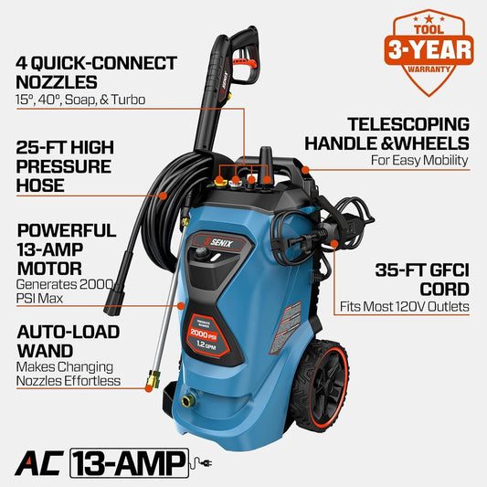 SENIX 2000 PSI Electric Pressure Washer 1.2 GPM with 4 Quick-Connect Nozzles Turbo Nozzle 25 ft Hose & 35 ft Cord Portable Power Cleaner for Cars Driveways Patios & Decks – 3-Year Warranty