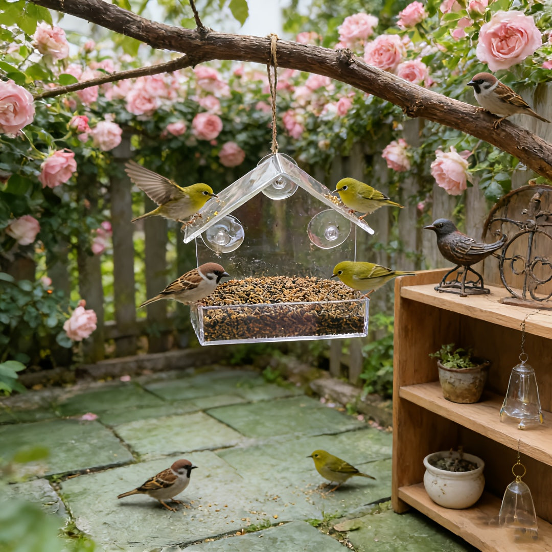 Acrylic Transparent Wall Mounted Bird Feeder Suction Cup Adsorption Window Bird Feeder for Wild Birds Hummingbirds – Clear View Outdoor Bird Watching Feeding Station