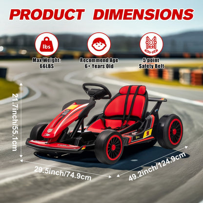 MUKIDY 24V Electric Go-Kart for Kids - 250W Drift Cart for Ages 6-12, All-Terrain EVA Wheels, 5-Point Safety Belt, Soft Start, Music & Horn, Battery Powered Outdoor Ride-On Toy | Best Gift for Boys Girls