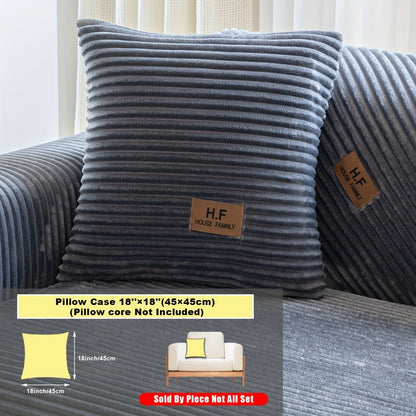 Short Plush Striped Sofa Cover & Cushion - All-Season, Pet-Friendly & Non-Slip - Armchair, Loveseat, 3/4/5-Seater, Backrest, Armrest & Pillowcase - White, Dark Gray, Light Gray, Coffee & Blue