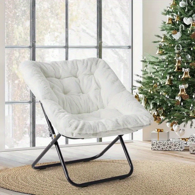 Square Moon Chair Foldable Lounge Chair 450 Lbs Capacity Padded Backrest Sturdy Metal Frame Space-Saving for Bedroom Balcony & Carpeted Floor – White Pink Gray